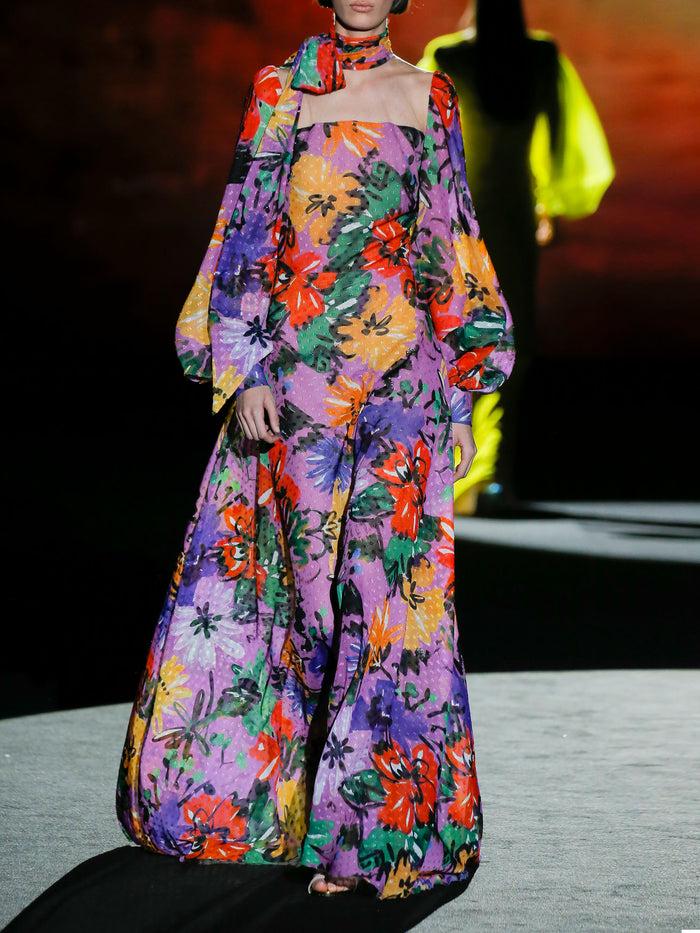 Hannibal laguna LOOK 16 FILARDI | Vestido de fiesta en plumeti estampado multicolor con falda de vuelo