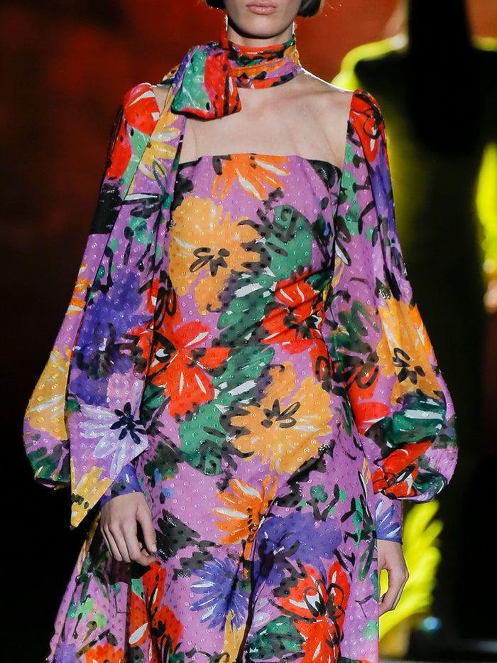 Hannibal laguna LOOK 16 FILARDI | Vestido de fiesta en plumeti estampado multicolor con falda de vuelo Grandes descuentos