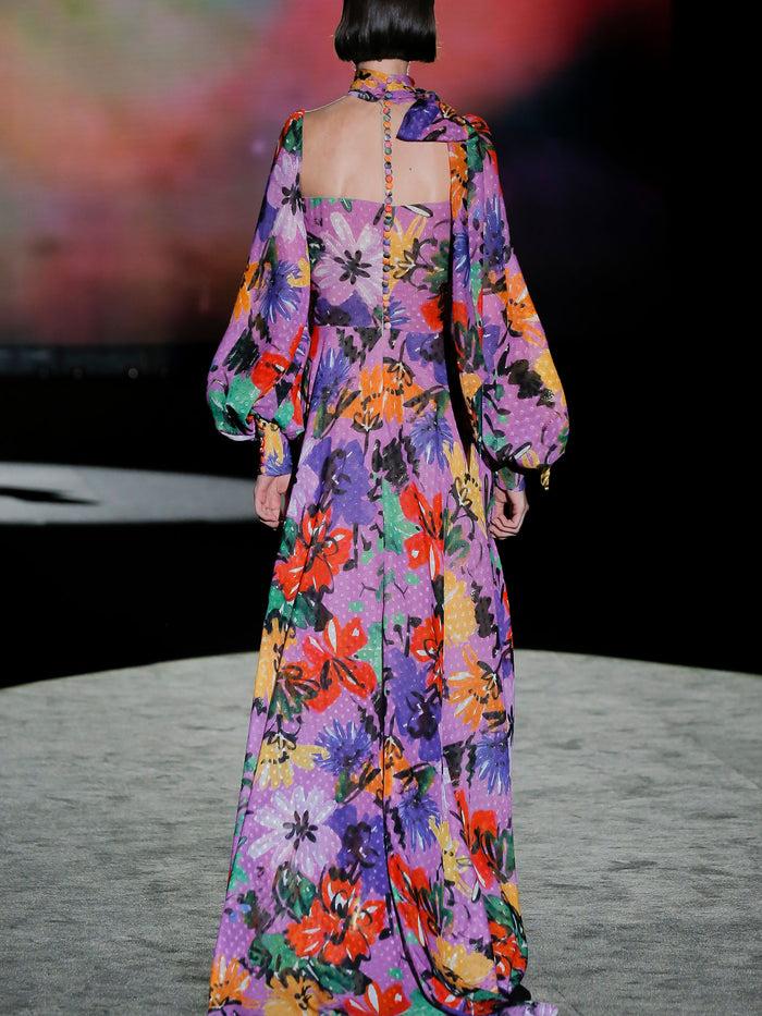 Hannibal laguna LOOK 16 FILARDI | Vestido de fiesta en plumeti estampado multicolor con falda de vuelo Grandes descuentos