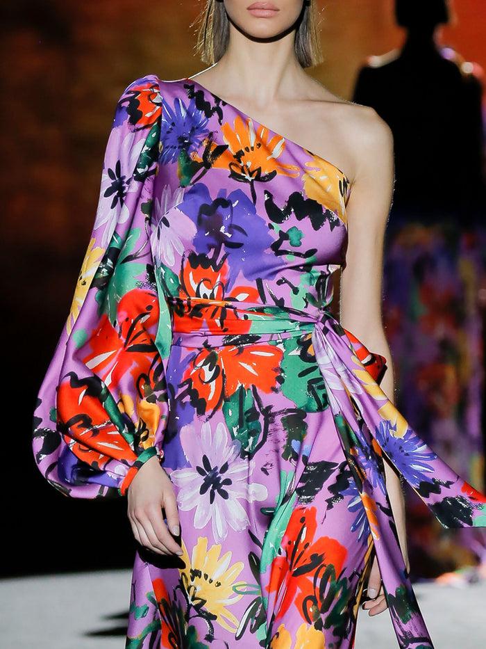Hannibal laguna LOOK 17 FRAGOLA | Vestido de fiesta en satín estampado floral con falda evasé Liquidación