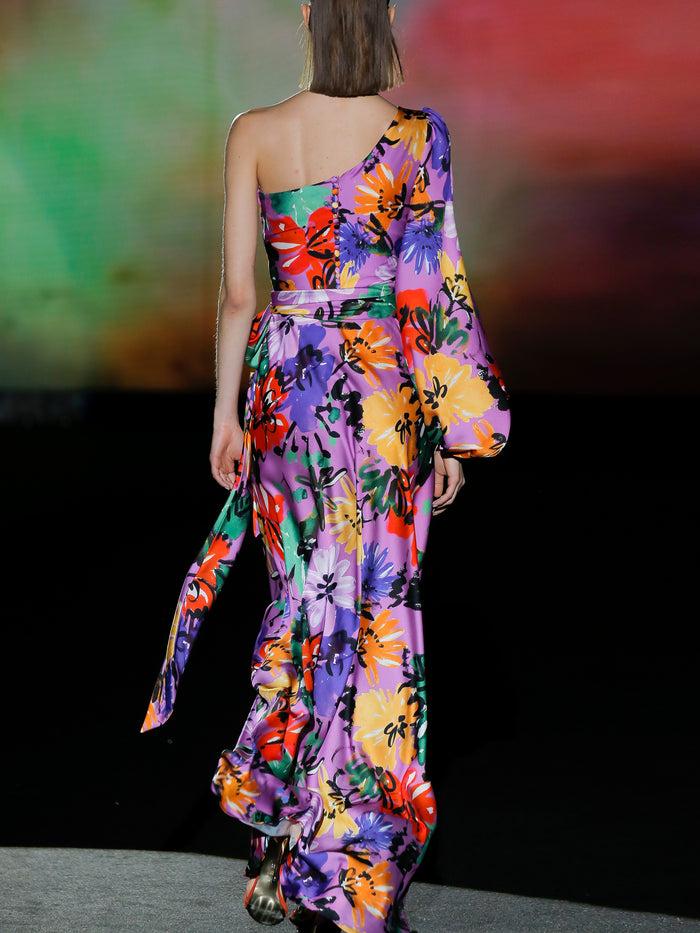 Hannibal laguna LOOK 17 FRAGOLA | Vestido de fiesta en satín estampado floral con falda evasé Liquidación