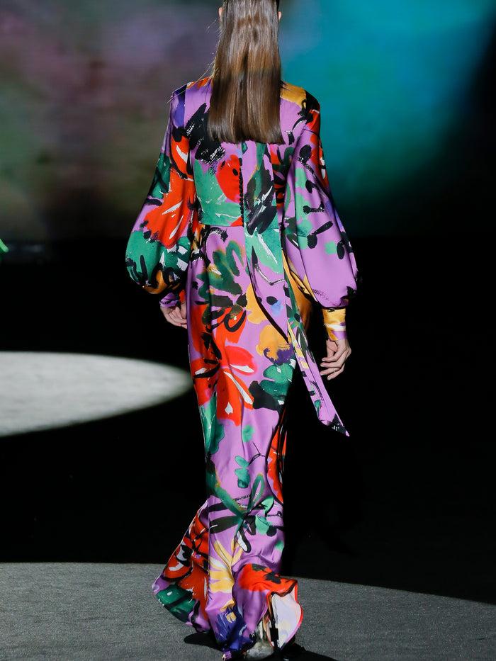 Hannibal laguna LOOK 19 FIORELINO | Vestido de fiesta en satín estampado floral con falda evasé Tienda de fábrica