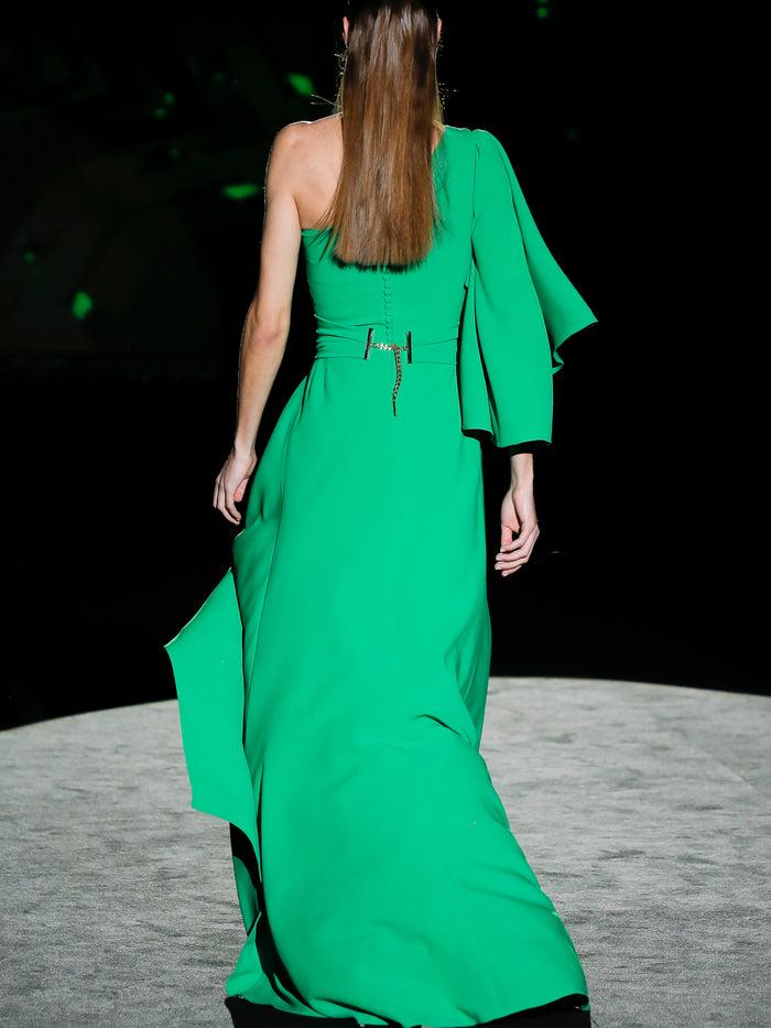Hannibal laguna LOOK 20 FRAGANCIS | Vestido de fiesta en crepe verde asimétrico con falda capote Limitado a 3 días