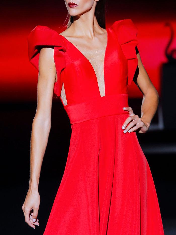 Hannibal laguna Look 1 XERATON | Vestido midi de fiesta en neopreno color rojo Ahorra y exporta
