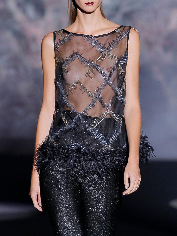 Hannibal laguna Look 9 XOANA y XOE Blusa en organza bordada y pantalon pitillo Descuento por venta flash