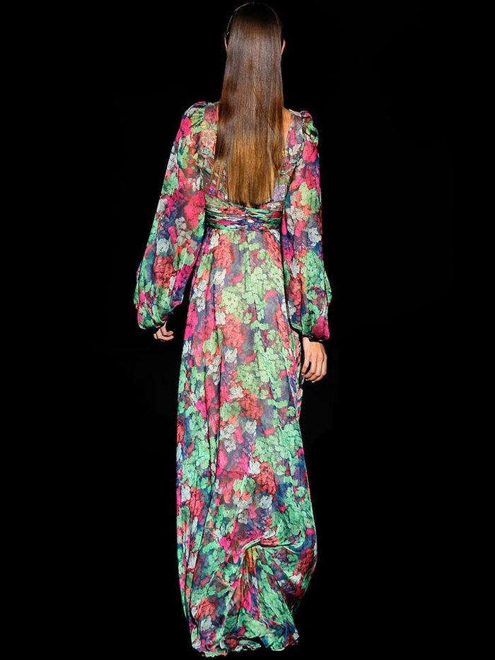 Hannibal laguna Look 6 DANTE | Vestido largo de fiesta en plumeti estampado Ahorra y exporta