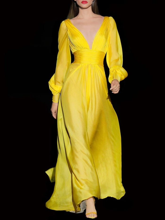 Hannibal laguna Look 30 DAYANA | Vestido gasa color maiz drapeado 2025