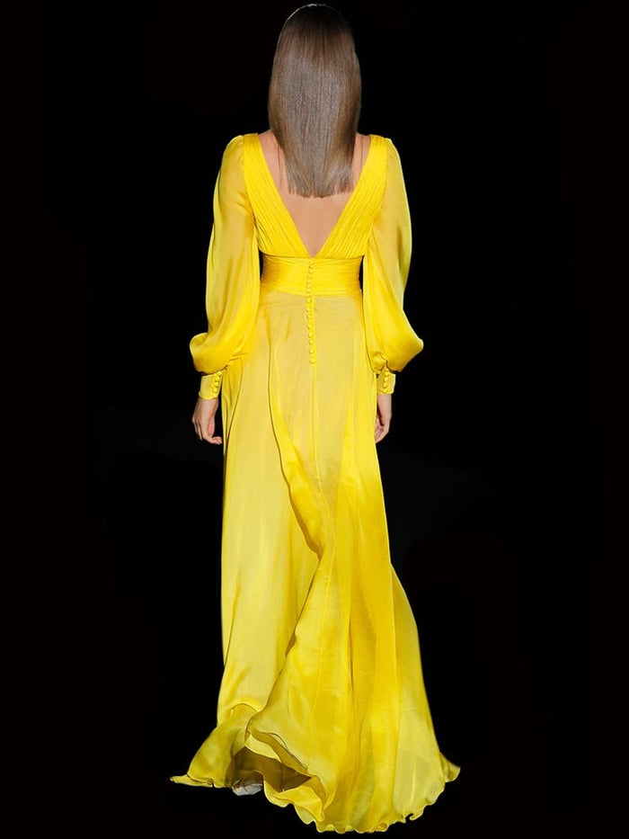 Hannibal laguna Look 30 DAYANA | Vestido gasa color maiz drapeado 2025