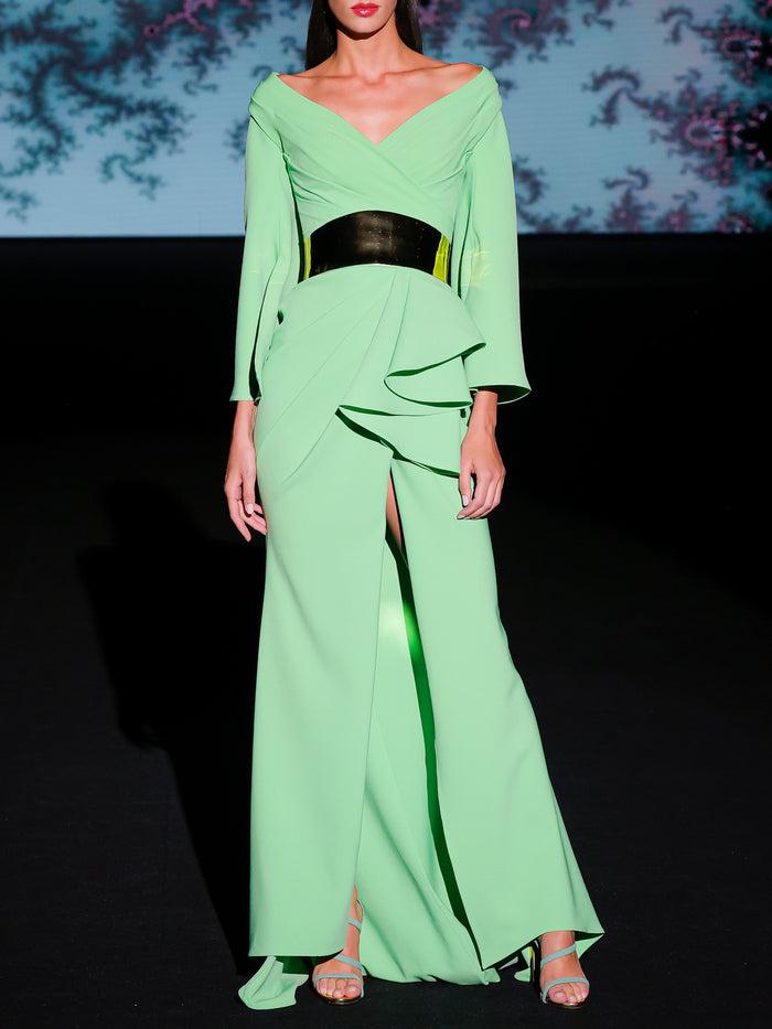 Hannibal laguna LOOK 18 Vestido KATERINI | Vestido de fiesta en crepe helecho con amplio escote cruzado con falda asimétrica abierta Rebajas baratas