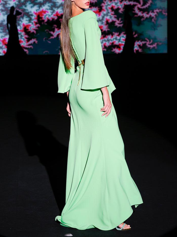 Hannibal laguna LOOK 18 Vestido KATERINI | Vestido de fiesta en crepe helecho con amplio escote cruzado con falda asimétrica abierta Rebajas baratas