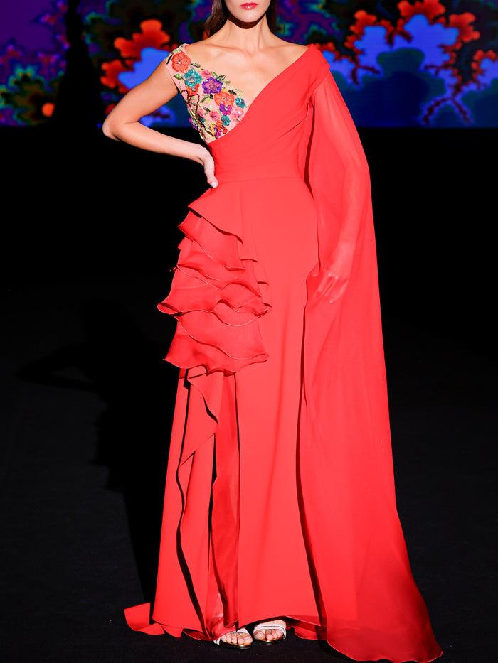 Hannibal laguna LOOK 24 Vestido KENDALAR | Vestido de fiesta en crepe color geranio con escote asimétrico en V Descuento