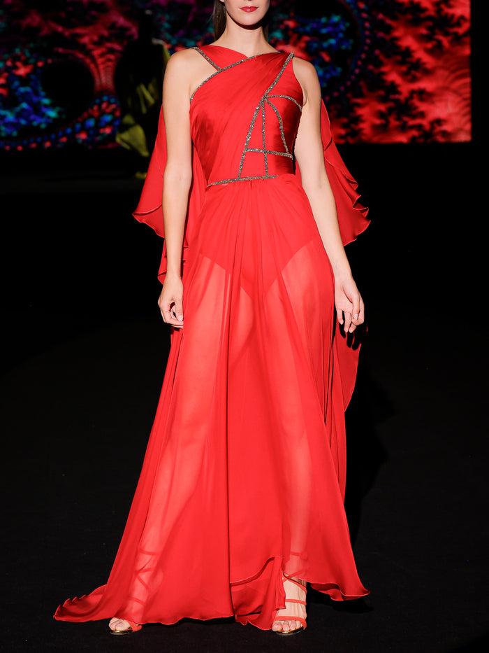 Hannibal laguna LOOK 29 Vestido KARONTI | Vestido de fiesta en gasa color geranio con escote asimétrico bordado con tiras de cristal cobalto Rebajas online