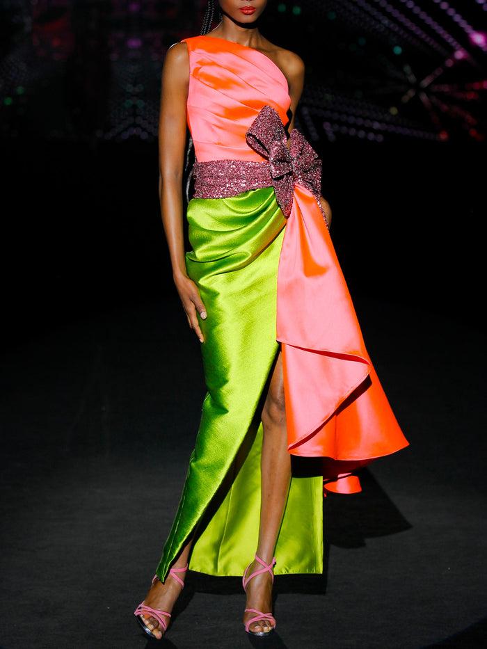 Hannibal laguna LOOK 39 ISMERAL | Vestido de fiesta midi en mikado salmón y martelé verde Tienda