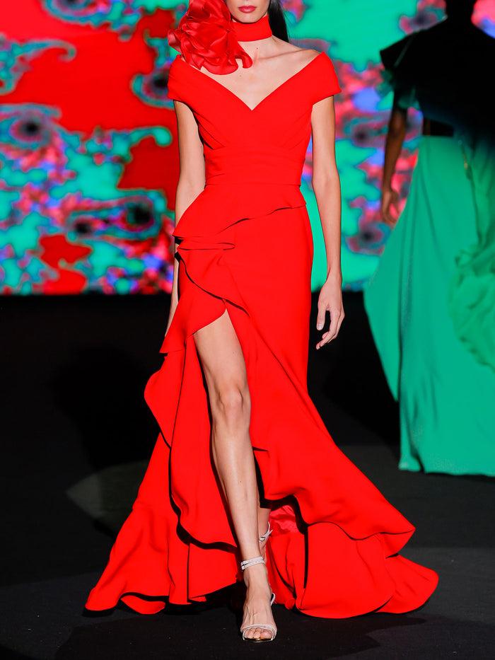 Hannibal laguna LOOK 22 Vestido KATALIN | Vestido de fiesta en crepe geranio con escote Liz drapeado y falda larga asimétrica Oferta especial de fábrica
