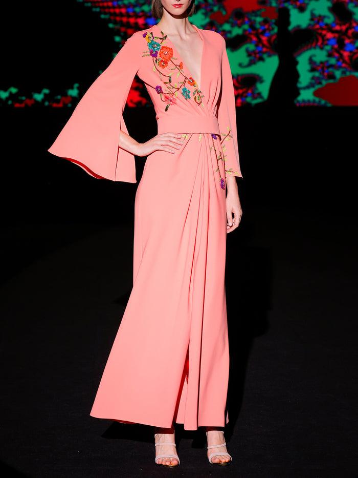 Hannibal laguna LOOK 23 Vestido KATARA | Vestido de fiesta en crepe color flamenco con escote en V Promoción trimestral