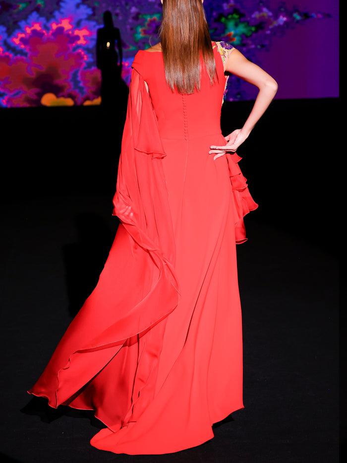 Hannibal laguna LOOK 24 Vestido KENDALAR | Vestido de fiesta en crepe color geranio con escote asimétrico en V Solo queda un día