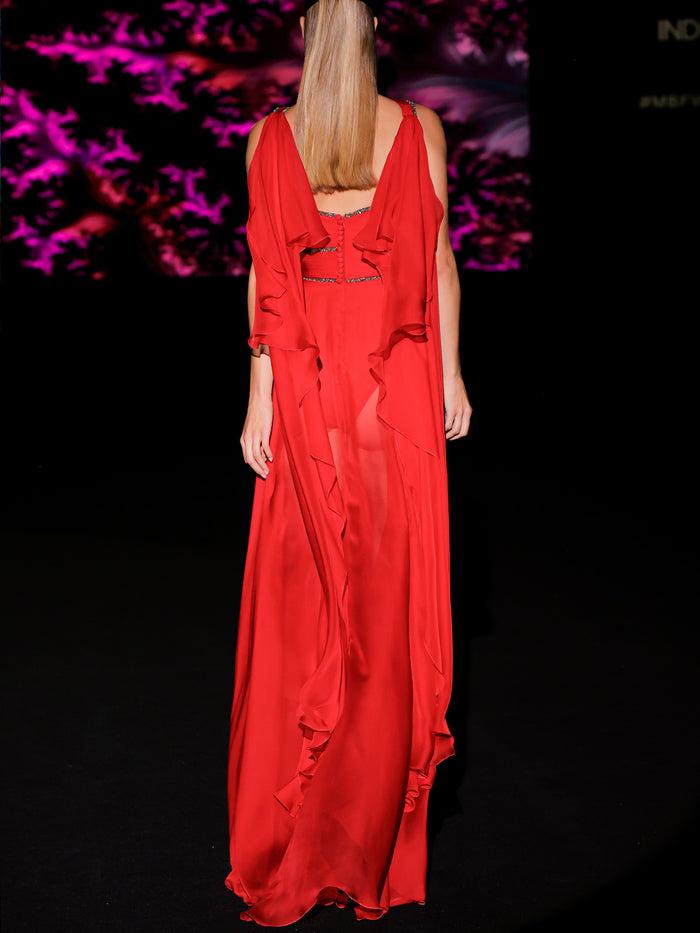 Hannibal laguna LOOK 29 Vestido KARONTI | Vestido de fiesta en gasa color geranio con escote asimétrico bordado con tiras de cristal cobalto Tienda de fábrica
