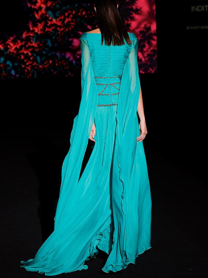 Hannibal laguna LOOK 30 Vestido KUORIS| Vestido en gasa color Maldivas con escote Liz y caparazón drapeado Limitado a 3 días