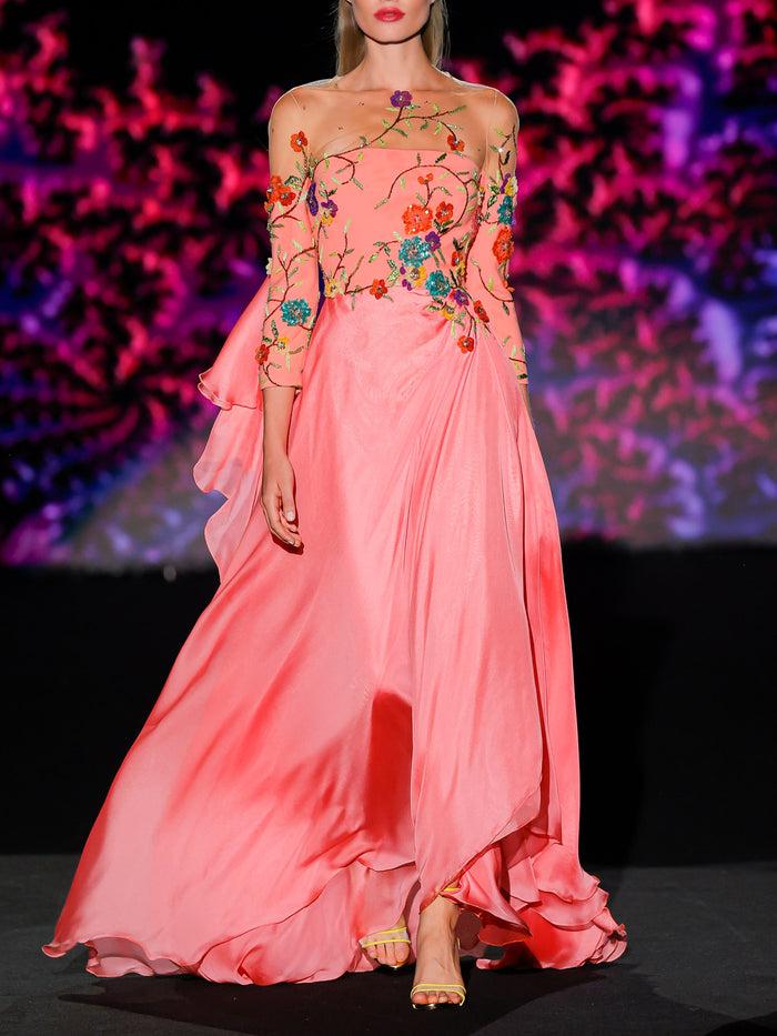 Hannibal laguna LOOK 31 Vestido KARBELLA | Vestido de fiesta en gasa flamenco con escote palabra de honor Ahorra y exporta