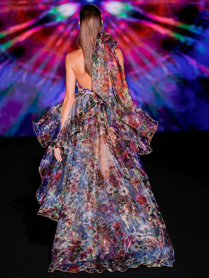 Hannibal laguna LOOK 42 Vestido KOROLAND | Vestido largo en organza estampada con escote halter en V Rebajas de fin de temporada