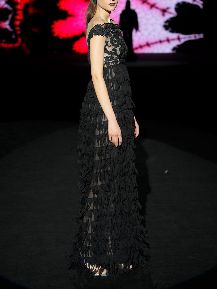 Hannibal laguna LOOK 22 HARLESTON | Vestido en soutache negro y gasa recortada Precio ultrabajo