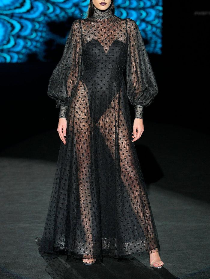 Hannibal laguna LOOK 26 HEVANS | Vestido en tul plumeti y chantilly negro Outlet
