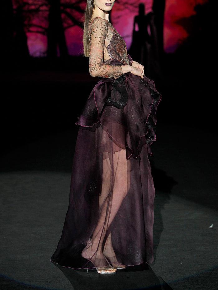 Hannibal laguna LOOK 36 HANAIS | Vestido en tatoo bordado y garza color berengena Ventas relámpago