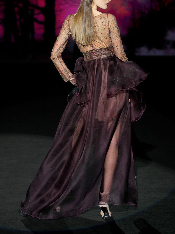 Hannibal laguna LOOK 36 HANAIS | Vestido en tatoo bordado y garza color berengena Ventas relámpago