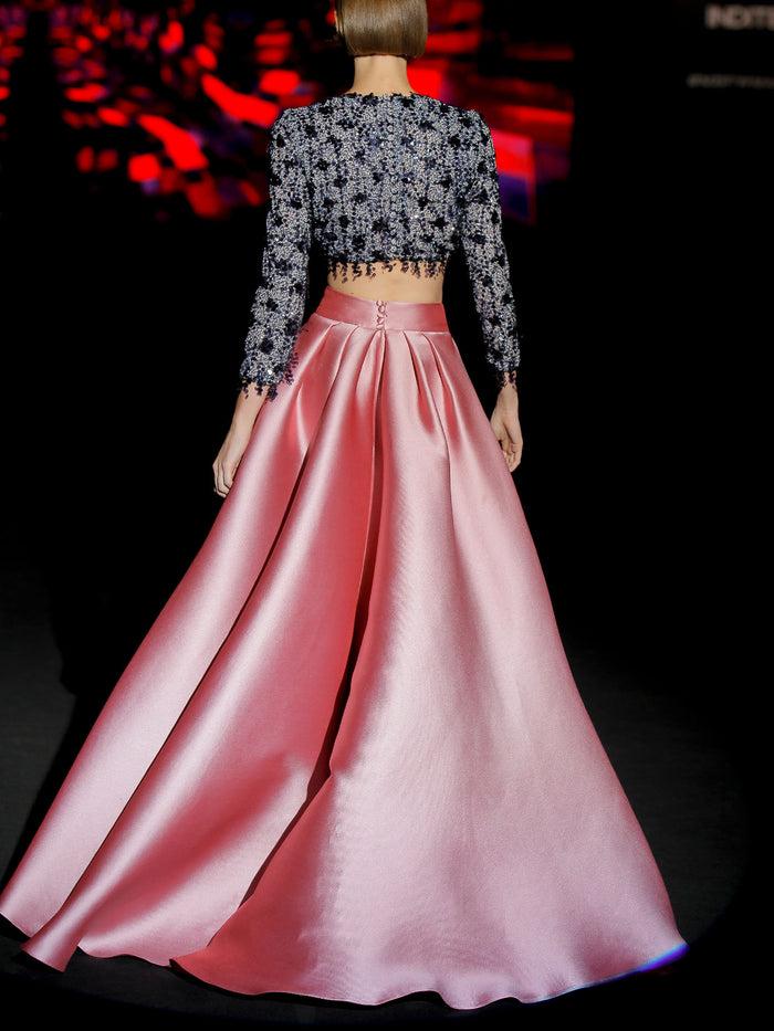 Hannibal laguna LOOK 32 ILKIN Y IDANKA | Top de fiesta en pedreria y lentejuelas azul y falda de fiesta en mikado rosa loto Precio de fábrica