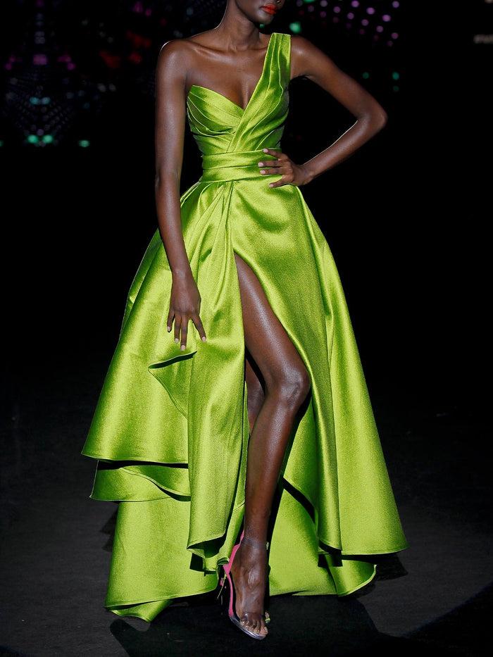 Hannibal laguna LOOK 41 INMENSITY | Vestido de fiesta largo en martelé verde Envío internacional gratuito
