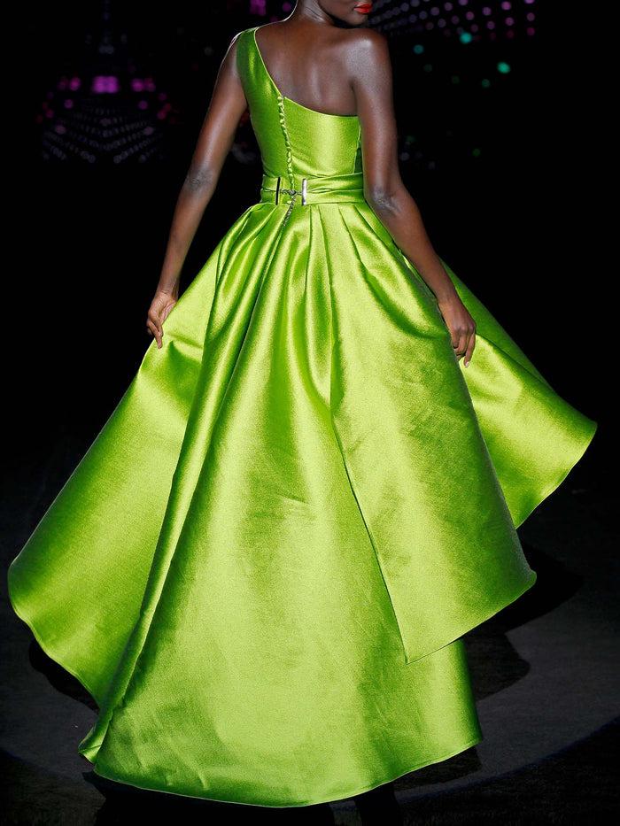 Hannibal laguna LOOK 41 INMENSITY | Vestido de fiesta largo en martelé verde Envío internacional gratuito