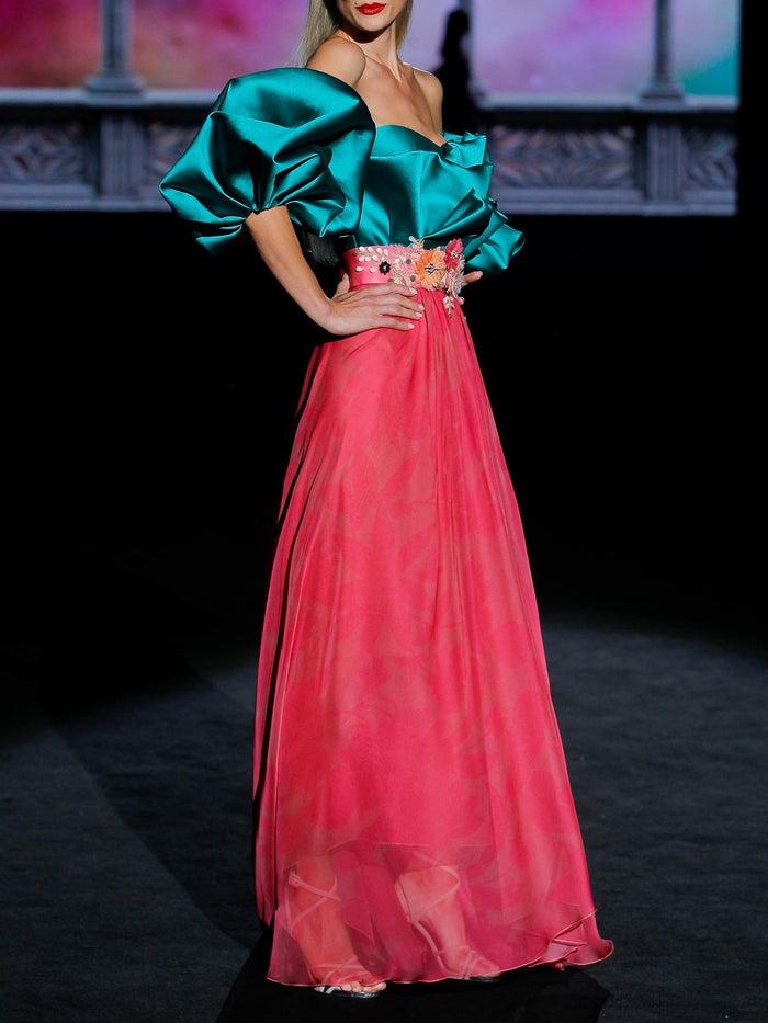 Hannibal laguna LOOK 34 GABRIELE | Vestido en gasa pomelo y cuerpo mikado verde Grandes ahorros