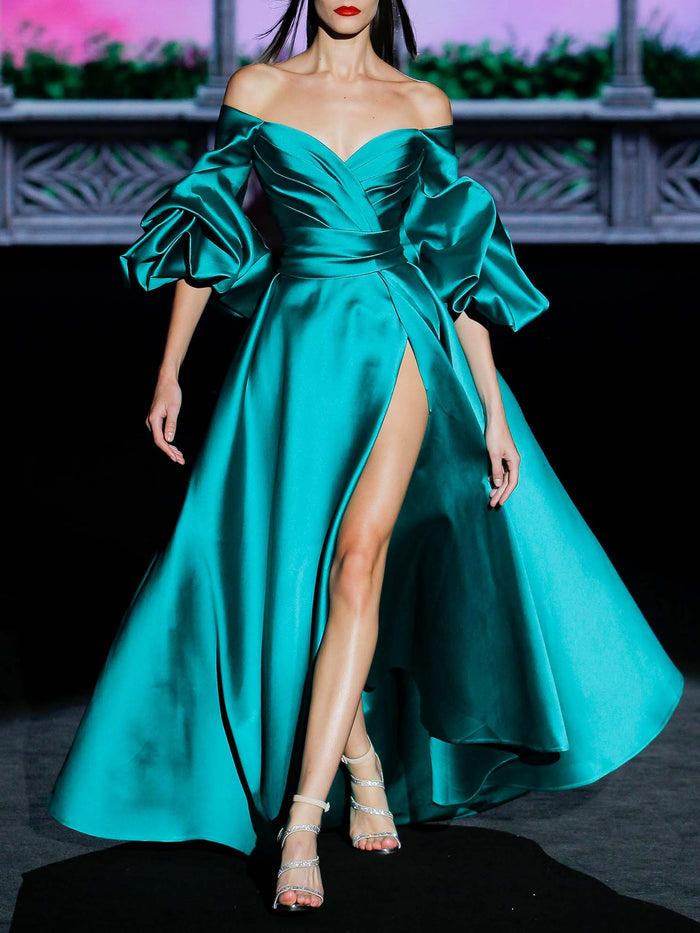 Hannibal laguna LOOK 36 GINGER | Vestido fiesta en mikado color verde