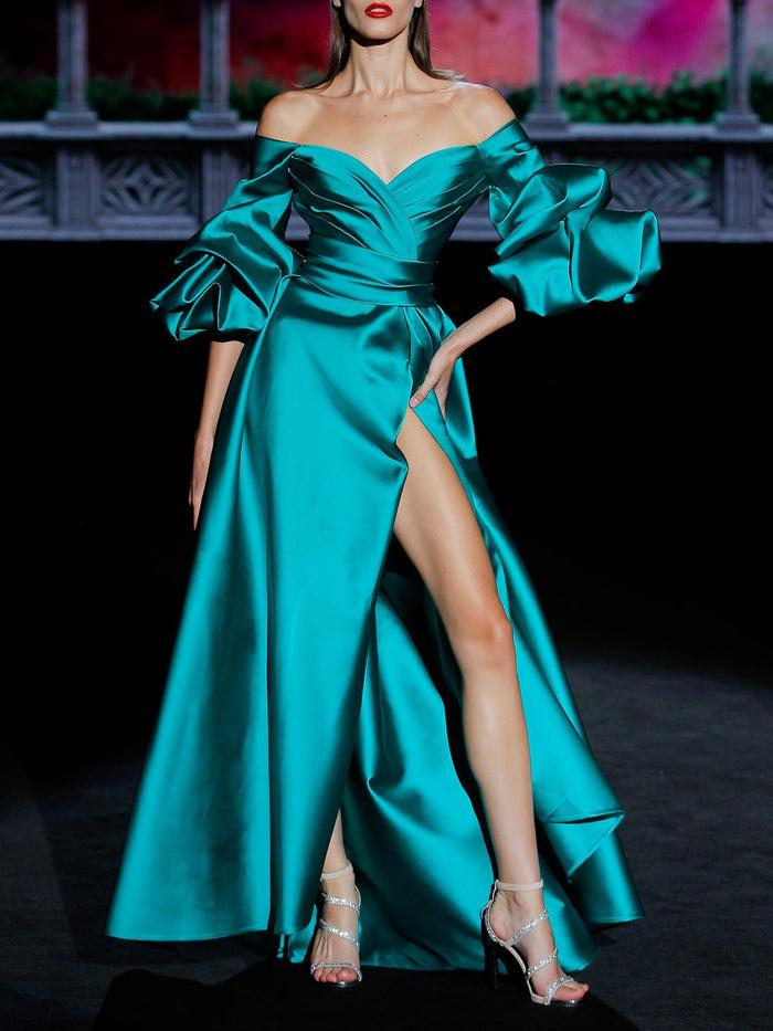 Hannibal laguna LOOK 36 GINGER | Vestido fiesta en mikado color verde Rebajas de fin de temporada