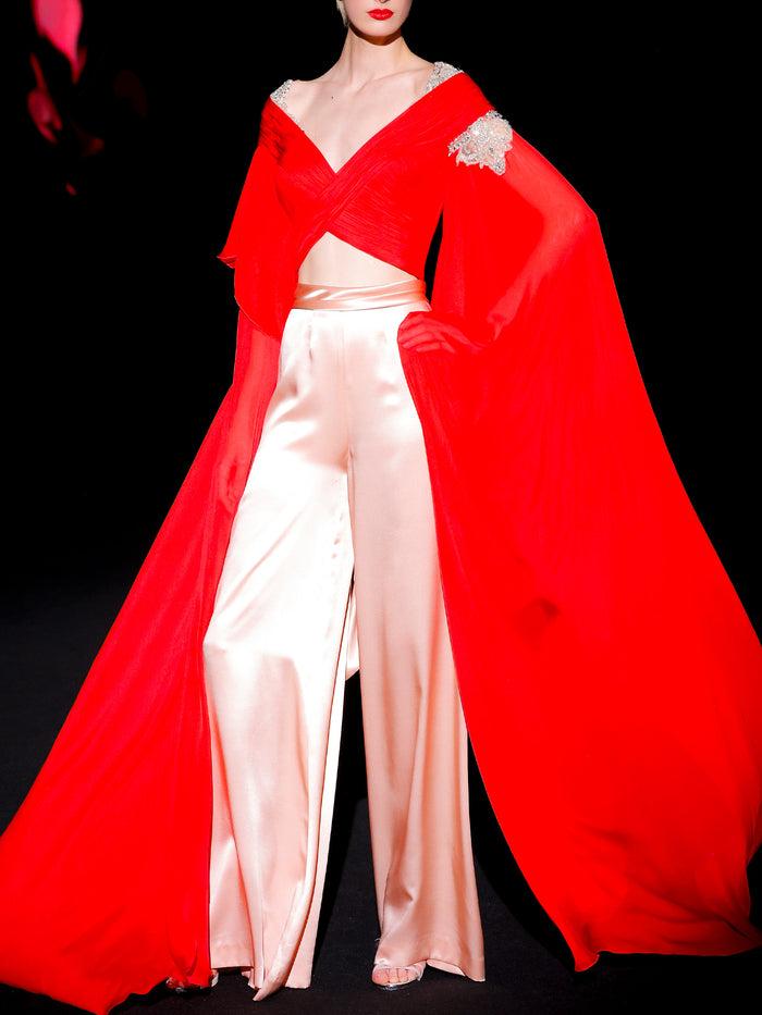 Hannibal laguna LOOK 27 Cuerpo JARDINETO y Pantalón JAVIA | Cuerpo de fiesta realizado en gasa de seda color rubi y swarovski y pantalon realizado en satin de seda color salmón En oferta