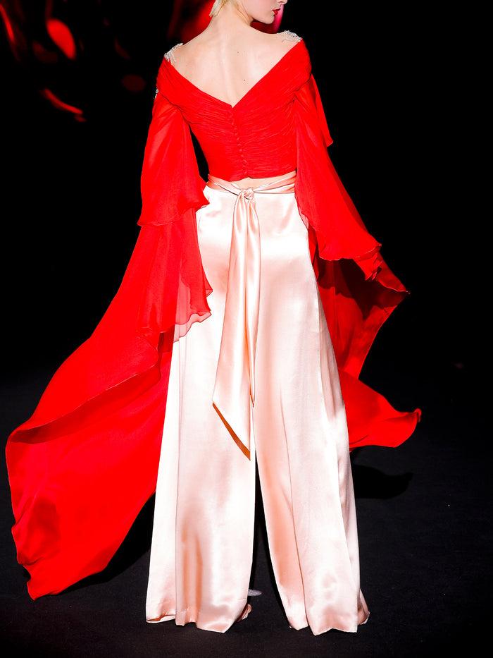 Hannibal laguna LOOK 27 Cuerpo JARDINETO y Pantalón JAVIA | Cuerpo de fiesta realizado en gasa de seda color rubi y swarovski y pantalon realizado en satin de seda color salmón En oferta