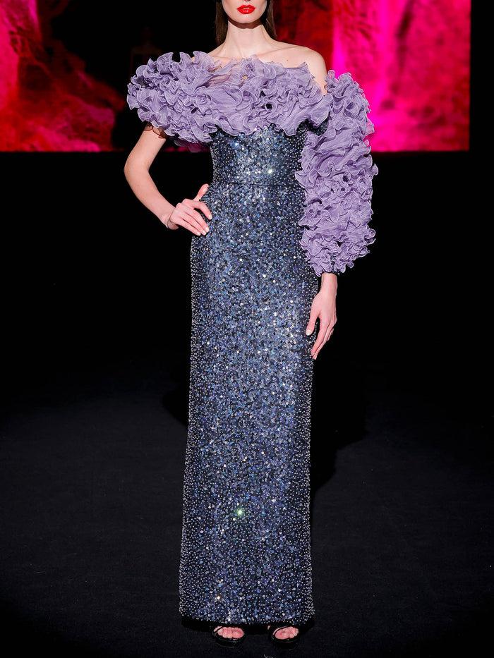 Hannibal laguna LOOK 37 Vestido JIGASHI | Vestido de fiesta bordado y garza plisada amatista Mejor oferta