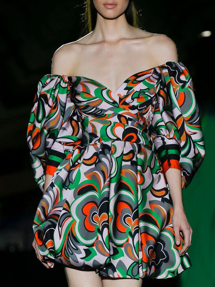 Hannibal laguna LOOK 21 FANELI | Vestido de fiesta en satín estampado psicodelico con falda bulbo Últimos 3 días