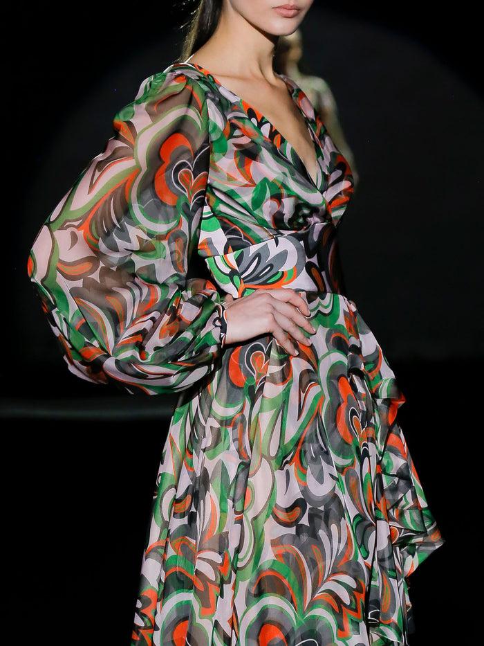 Hannibal laguna LOOK 27 FANTINELI | Vestido de fiesta en gasa estampada psicodélica con amplia falda Promoción por tiempo limitado