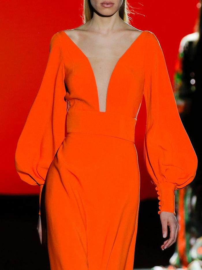 Hannibal laguna LOOK 30 FELINI | Vestido de fiesta en crepe naranja con escote pico y falda evasé Promoción trimestral