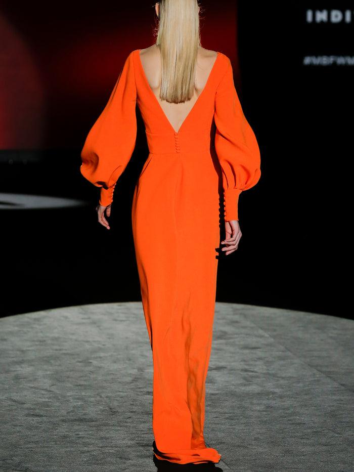 Hannibal laguna LOOK 30 FELINI | Vestido de fiesta en crepe naranja con escote pico y falda evasé Promoción trimestral