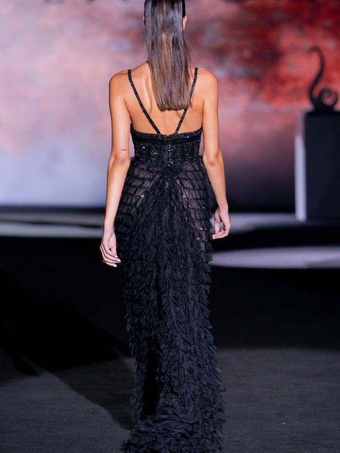 Hannibal laguna Look 23 XISELA | Vestido largo de fiesta en tul volantes y pedreria color negro En oferta