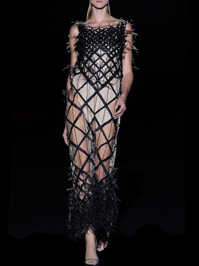 Hannibal laguna Look 31 CAPITEL | Vestido tul bordado negro y plumas Rebajas