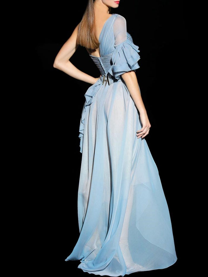 Hannibal laguna Look 40 DALIQUE | Vestido de fiesta asimétrico drapeado y manga de volantes en gasa COMPRAR AHORA