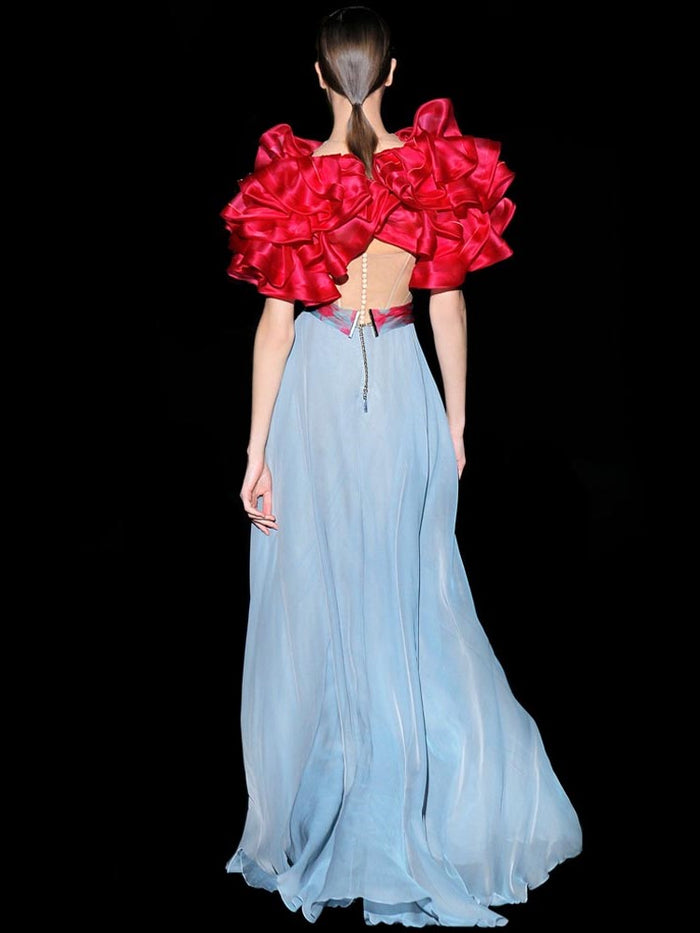 Hannibal laguna Look 43 DALU y DANKO | Bolero joya con volantes organza seda cereza. Bustier joya tul y pantalon capri pitillo Último día