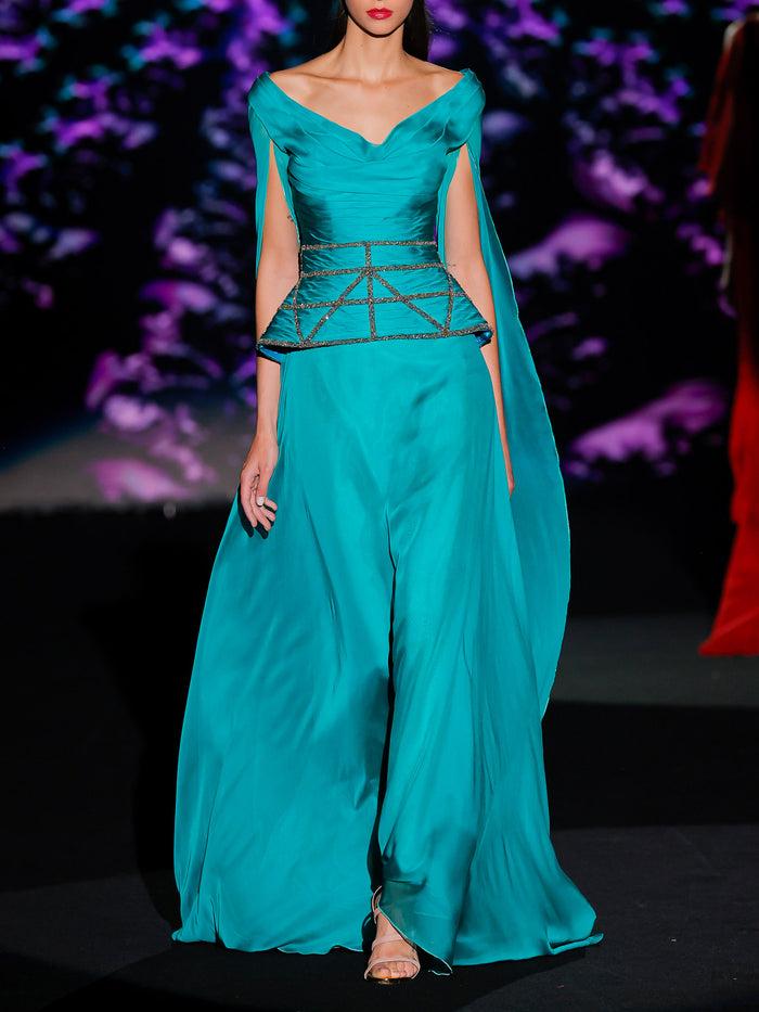 Hannibal laguna LOOK 30 Vestido KUORIS| Vestido en gasa color Maldivas con escote Liz y caparazón drapeado Los más vendidos