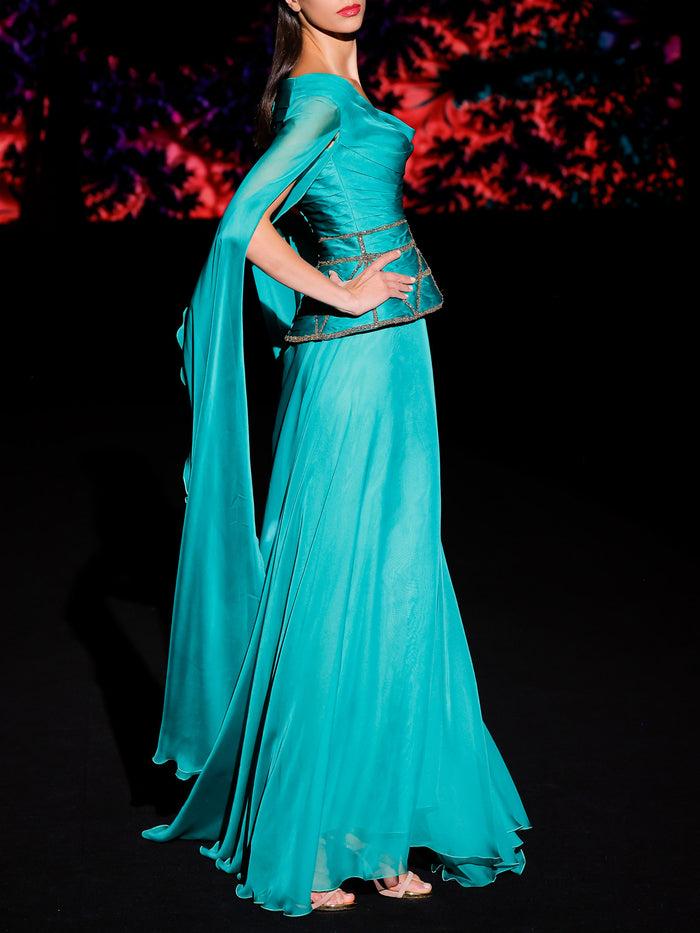 Hannibal laguna LOOK 30 Vestido KUORIS| Vestido en gasa color Maldivas con escote Liz y caparazón drapeado Los más vendidos