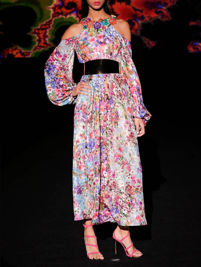 Hannibal laguna LOOK 35 Vestido KAIROS | Vestido midi estampado en gasa con motivos florales Liquidación