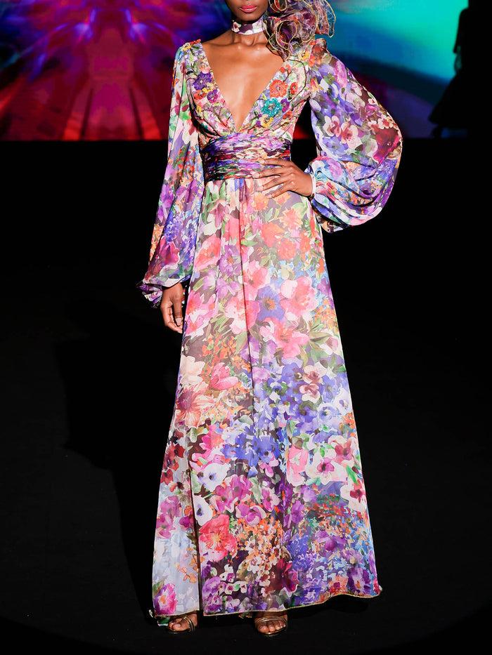 Hannibal laguna LOOK 40 Vestido KASIDI | Vestido largo de fiesta en gasa estampada y escote en V Oferta especial