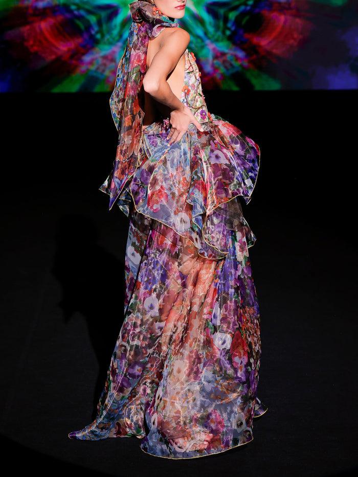 Hannibal laguna LOOK 42 Vestido KOROLAND | Vestido largo en organza estampada con escote halter en V Superdescuento